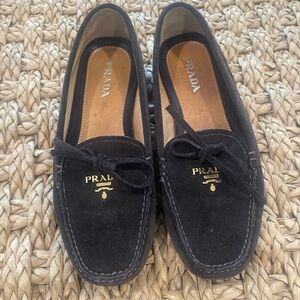 Prada Brown Suede Loafers with Gold Logo Size 7